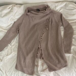 The Limited Beige Cowl Neck Waterfall Cardigan with Fringe